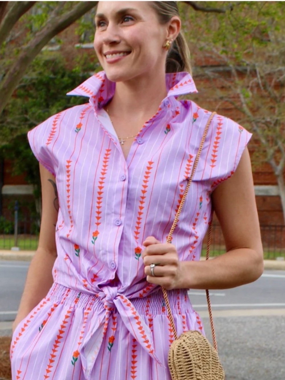 Adrienne Lavender Sleeveless Tie-Front Button Blouse with Orange Accents